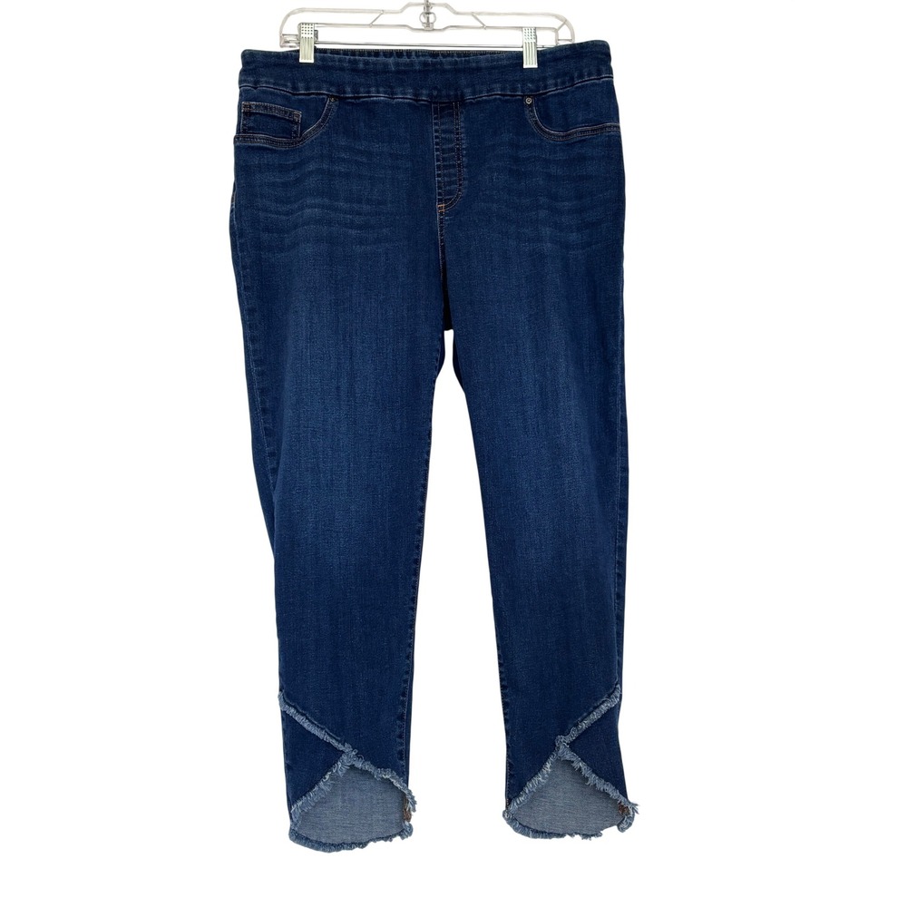 Chicos Pull On Jegging Ankle Jeans Dark Wash Frayed Tulip Hem Size 2.5R US 14R